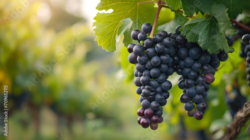 Bunch of Black Wine grape over green natural vineyard garden background, Kyoho Grape with leaves in blur background. Made with generative ai