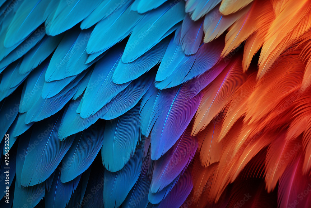 Obraz premium parrot feathers seen under a microscope with exaggerated contrast , soft shadow, volumetric lighting created with Generative Ai