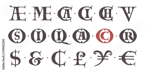 Carolingian Majuscule Dollar, Euro, Percent, Ligatures. Old Romanesque font from 13th century. Square Capitals from medieval manuscript. Upper-case lettering, base for Lombardic capitals.