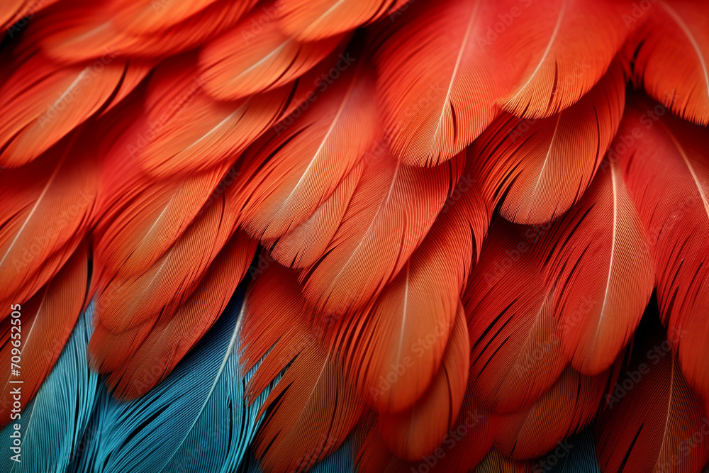 Obraz premium parrot feathers seen under a microscope with exaggerated contrast , soft shadow, volumetric lighting created with Generative Ai