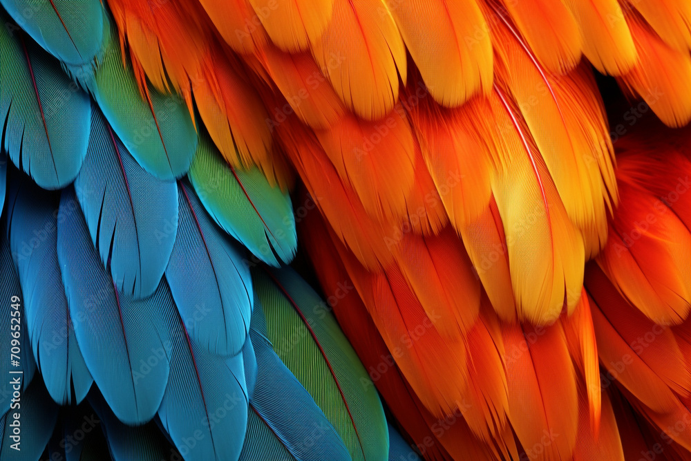 Obraz premium parrot feathers seen under a microscope with exaggerated contrast , soft shadow, volumetric lighting created with Generative Ai