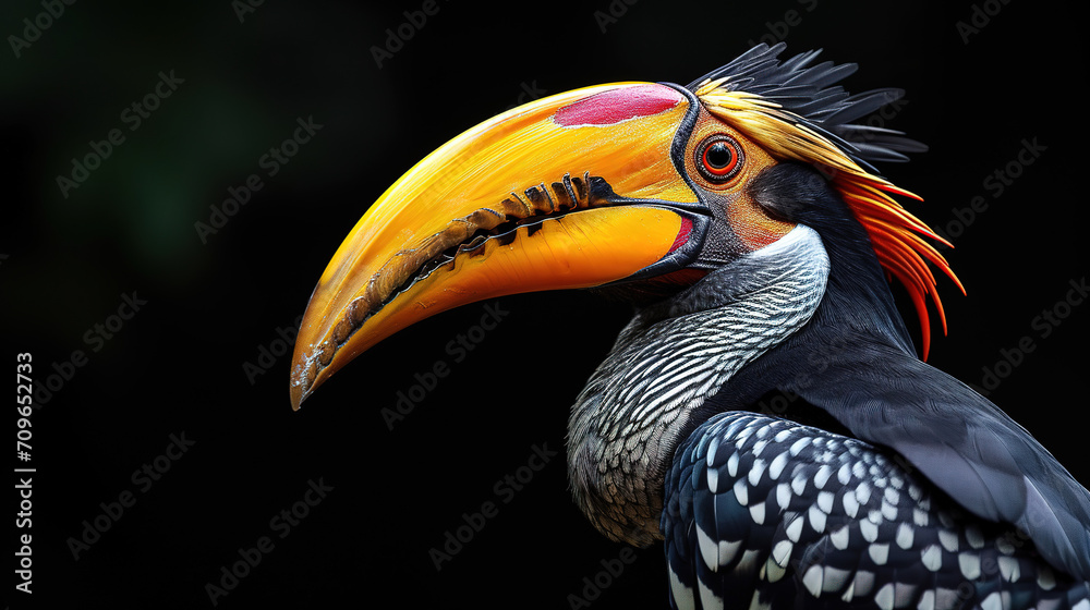 a hornbill in jungle landscape wallpaper, wildlife photo, with empty copy space