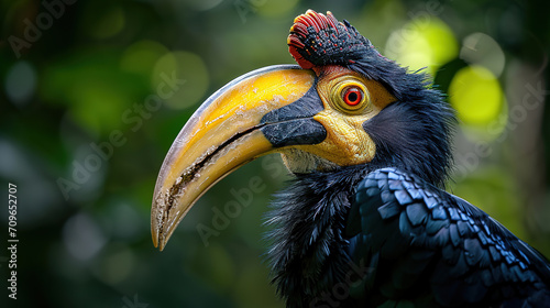 a hornbill in jungle landscape wallpaper, wildlife photo, with empty copy space