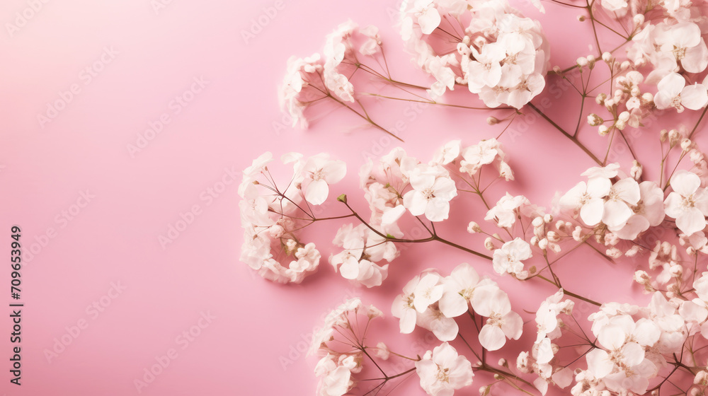 Aestethic minimalist template, gypsophila flowers on pastel pink