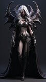 The full body of a woman devil in the hood with horns, long white hair, and large black wings, with bleeding purple eyes, armor, and angry expressions on her face, character fantasy, the devil