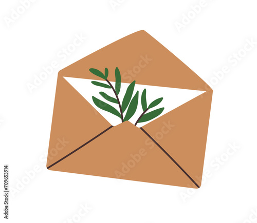 Open kraft envelope with paper letter, greeting card and leaf plant. Mail, po...