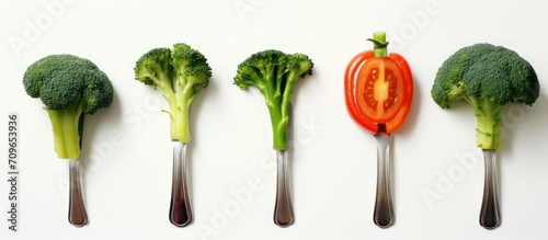 Food decoration of various Fresh vegetables on a fork isolated on white background. Generate AI