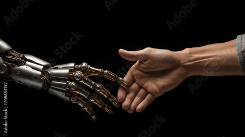 A robot and a person shake hands. Human-machine partnership.