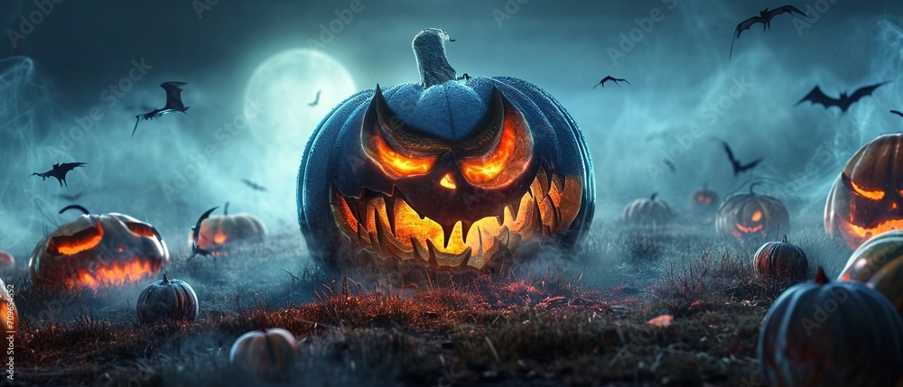 Hallowing Eve's Glow: Sinister Pumpkins in the Moonlit Mist. Hallowing Eve's Glow: Sinister Pumpkins in the Moonlit Mist.