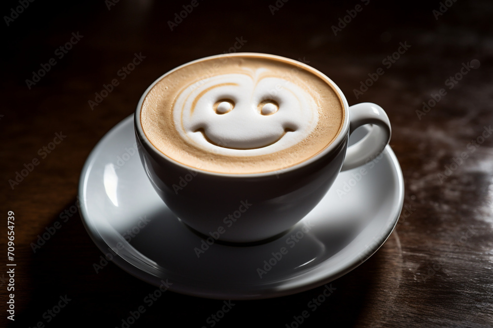 latte art, milk foam forms a smiley face, cinematic lighting, hyperrealistic photograph created with Generative Ai