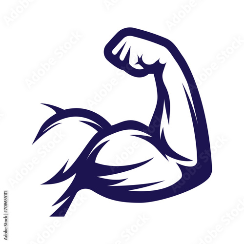 Power hand, muscular arm, bicep. Gym, wrestling, powerlifting, bodybuilding, champion, sport symbol. Vector illustration.