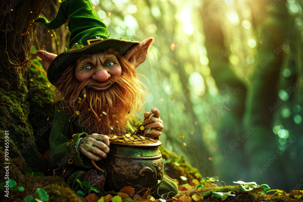 St.Patrick 's Day. fairy leprechaun sits under a tree in the forest with a pot of gold