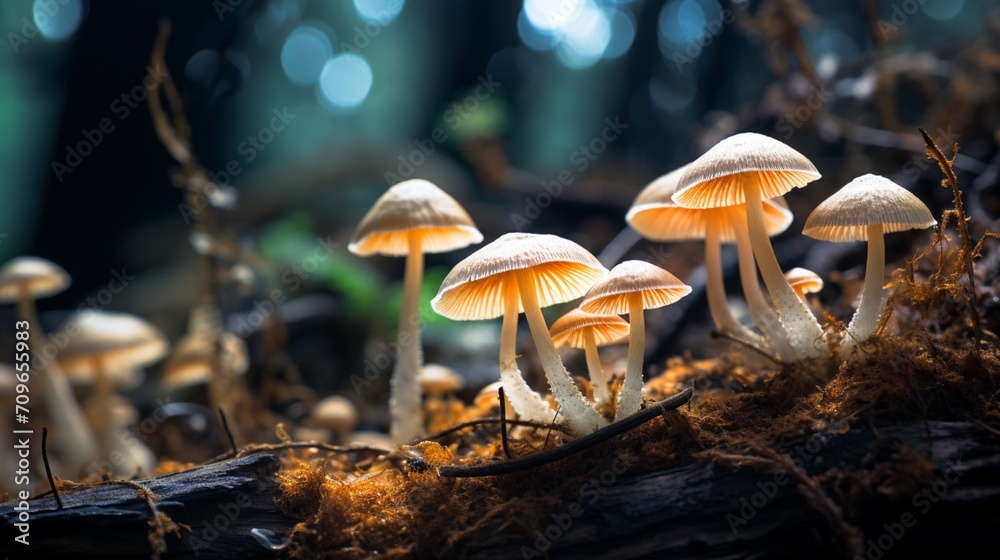 Fototapeta premium Luminescent mushrooms carpeting the jungle floor, casting an otherworldly glow