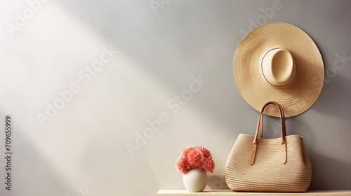 Straw hat and bag hanging on rack on light grey wall