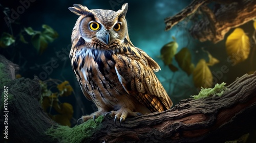Old, wise-looking owl perched on a gnarled branch, surveying the nocturnal jungle landscape