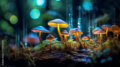 Bioluminescent mushrooms casting an enchanting glow in the mysterious depths of the jungle