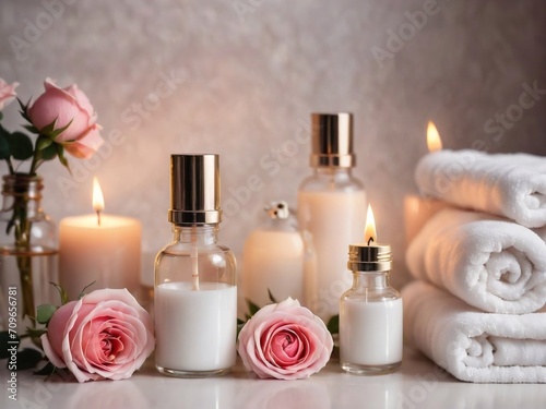 white glass Bottles on the background of the spa room. Skin care serum or natural cosmetics with essential oil, roses on the table and candles 