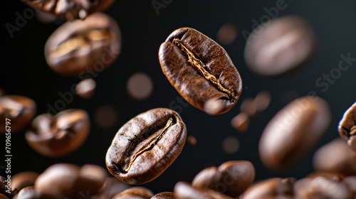 a roasted coffee bean on the air isolated on a black background, a falling coffee bean, International Coffee Day concept