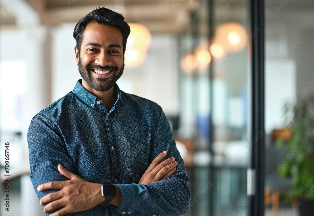 Fototapeta premium Smiling Indian businessman using mobile cell phone working standing in office. Happy professional business man making banking transaction payment on smartphone at work, Generative AI