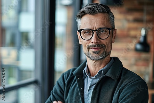 Smiling confident mature businessman looking at camera standing in office. Elegant stylish corporate leader successful ceo executive manager wearing glasses posing for headshot business, Generative AI