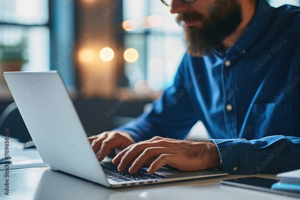 Bearded business man hands typing on laptop keyboard searching information in internet, businessman working with ai solutions on computer, doing digital financial management. Generative AI Bearded business man hands typing on laptop keyboard searching information in internet, businessman working with ai solutions on computer, doing digital financial management. Generative AI
