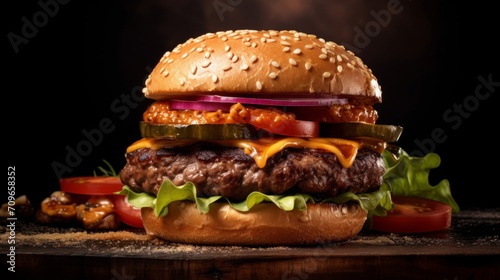 Professional photo shot of a tasty meat burger on a black background.