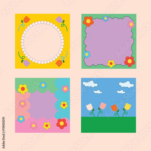 Hand drawn pop retro fun funky flower floral illustration outline square frame 