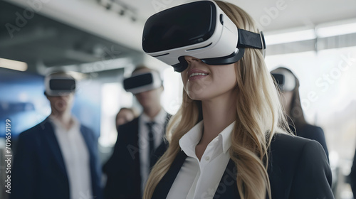 A business woman wearing a VR glasses and smiling in company in front of some employees © Vincent