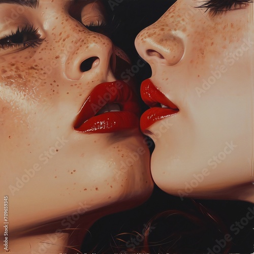 Sexy lips in lesbian girl mouth. Homosexual concept. French Kiss. Sensual kiss in same-sex couple close up. Homosexual family