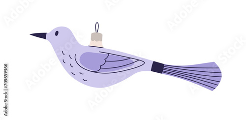 Vintage bird bauble, Christmas ornament. Xmas tree decoration of animal shape, cute birdie. Winter holiday toy, decor in old retro style. Flat vector illustration isolated on white background