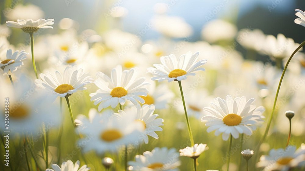Chamomile flower field. Camomile in the nature. Field of camomiles at sunny day