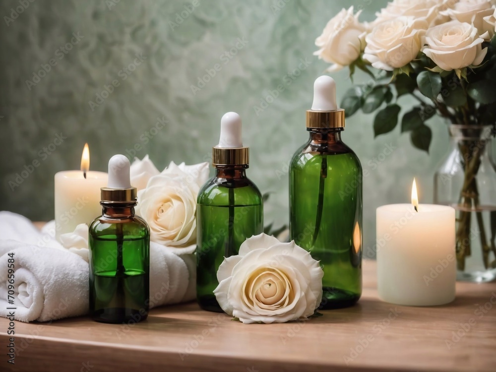 Bottles on the background of the spa room. Skin care serum or natural cosmetics with essential oil, white roses on the table and candles Bottles on the background of the spa room. Skin care serum or natural cosmetics with essential oil, white roses on the table and candles
