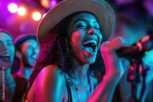 Joyful Gathering Of Multicultural Friends Enjoying Karaoke Night At Nightclub