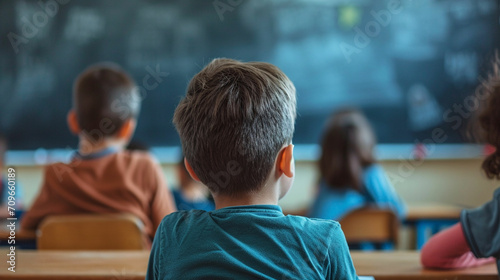 student sitting and studying in the classroom, back view