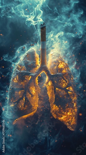A conceptual image of damaged human lungs with a cigarette wedged between them  surrounded by smoke and embers.