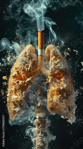 A conceptual image of damaged human lungs with a cigarette wedged between them  surrounded by smoke and embers.