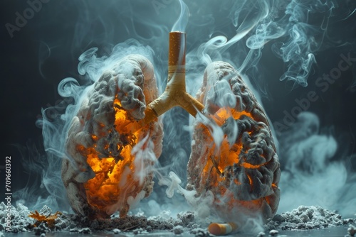 A conceptual image of damaged human lungs with a cigarette wedged between them, surrounded by smoke and embers. photo