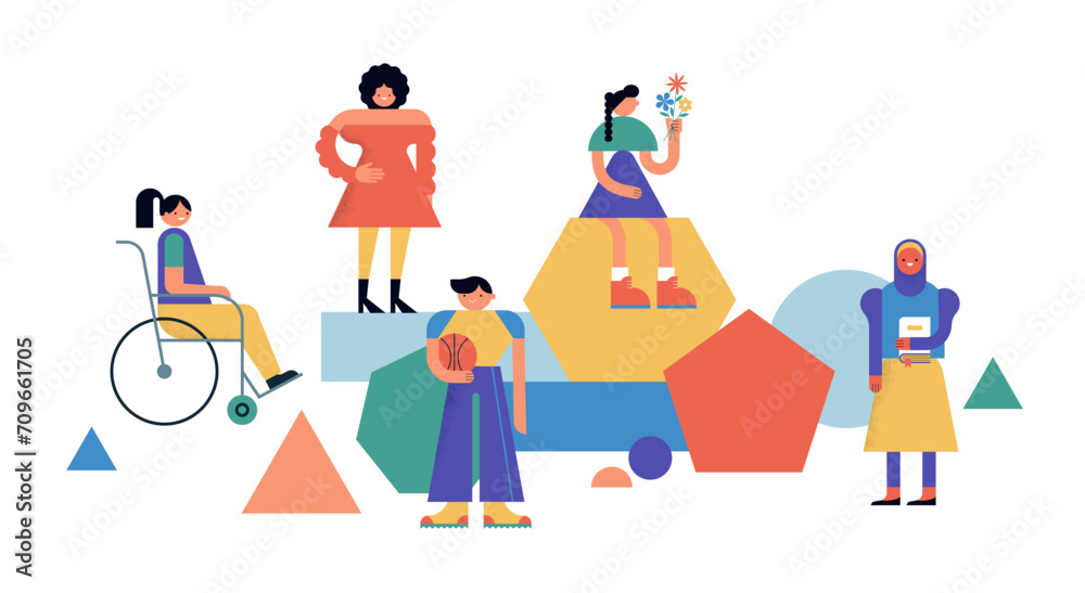 Group of diverse young people standing together. Characters illustrations in geometric modern colorful design