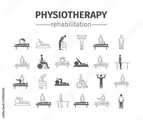Thin line icons for physiotherapy, rehabilitation center.