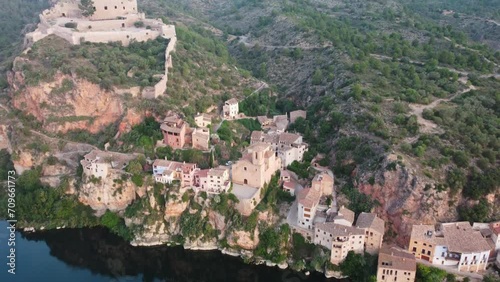 Drone view of Miravet Castle and village in Tarragona, Spain photo