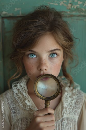 A young girl's curiosity is captured as she examines her reflection in the mirror with a magnifying glass, studying every detail of her face and fashion accessories