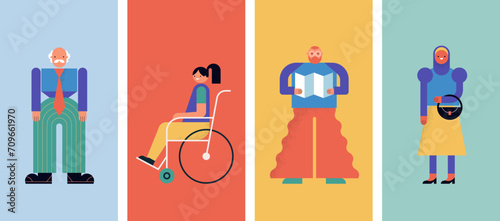 Diversity concept - people, community, family or neighborhood standing together. Characters in geometric fun modern style. Colorful concept design.