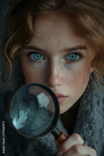 A woman's intense gaze through a hand glass reveals the intricate details of her own face, capturing the vulnerability and beauty of her eyelashes, skin, and hair in a captivating closeup portrait