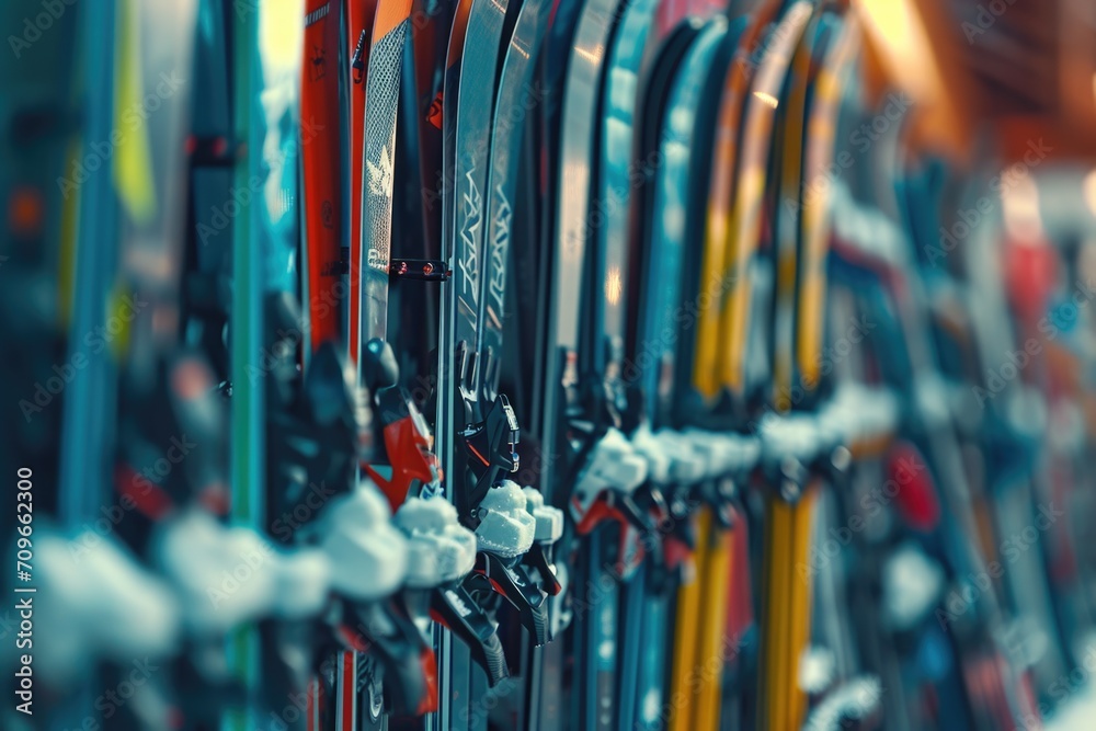 Row of Skis Against Wall - obrazy, fototapety, plakaty 