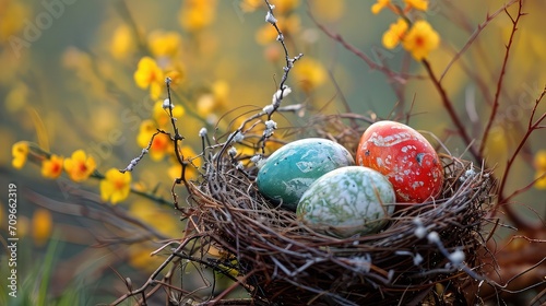 Colorful Easter eggs in a nest decorated with spring flowers. 