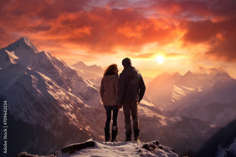 Happy couple standing on the edge of a scenic snowy landscape, T