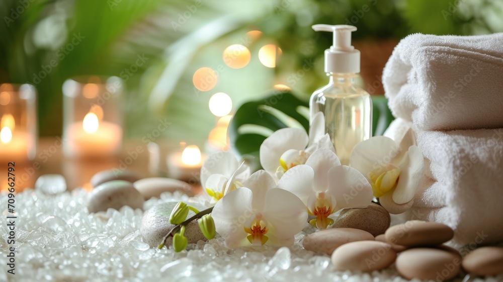 Harmonious SPA composition of balanced stones, towels, green leaves, and accessories for body treatments. Wellness and relaxation Harmonious SPA composition of balanced stones, towels, green leaves, and accessories for body treatments. Wellness and relaxation