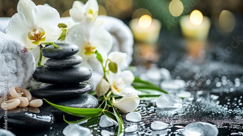 Harmonious SPA composition of balanced stones  towels  green leaves  and accessories for body treatments. Wellness and relaxation
