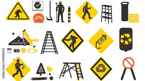 Set of safety caution signs and symbols of working at heights photo