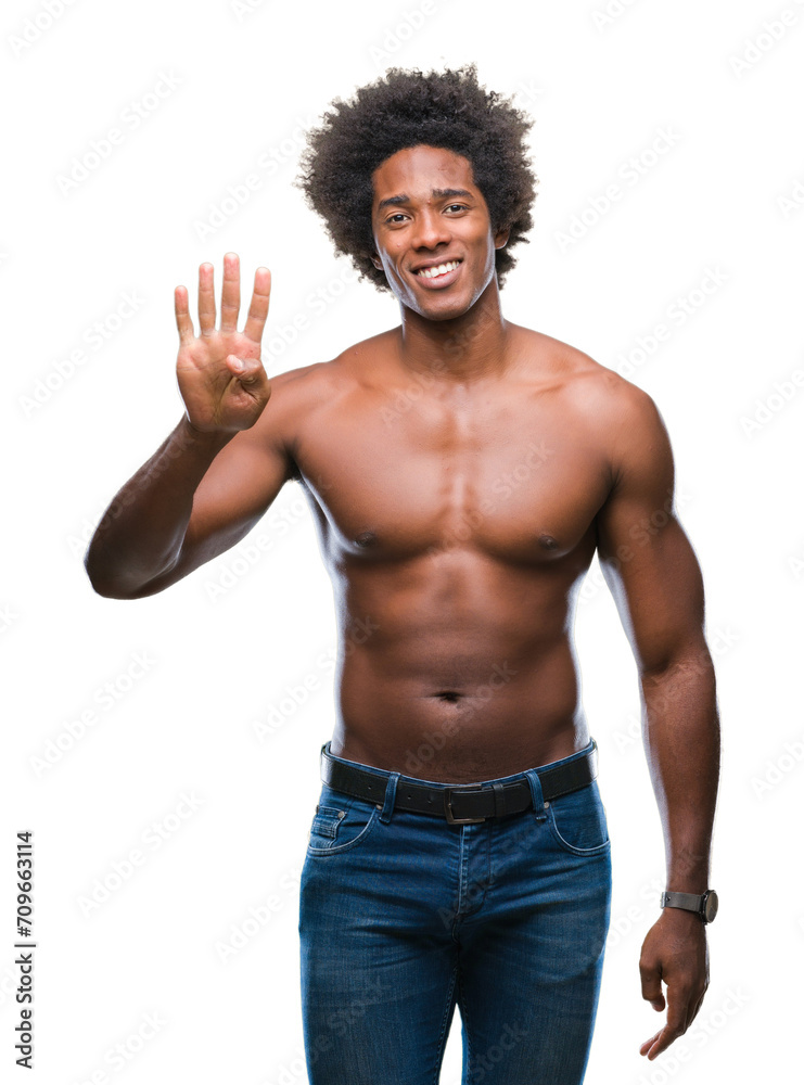 Afro american shirtless man showing nude body over isolated background showing and pointing up with fingers number four while smiling confident and happy. Afro american shirtless man showing nude body over isolated background showing and pointing up with fingers number four while smiling confident and happy.